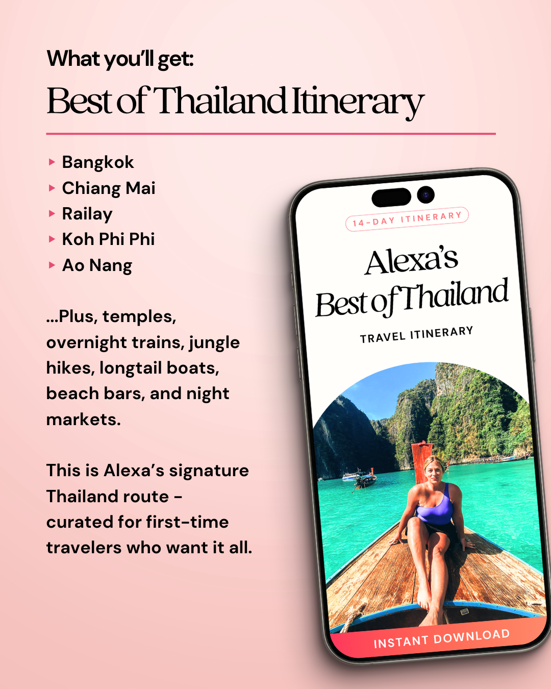 Promotional graphic for 'Best of Thailand Itinerary' with a phone displaying the itinerary on a pink background.