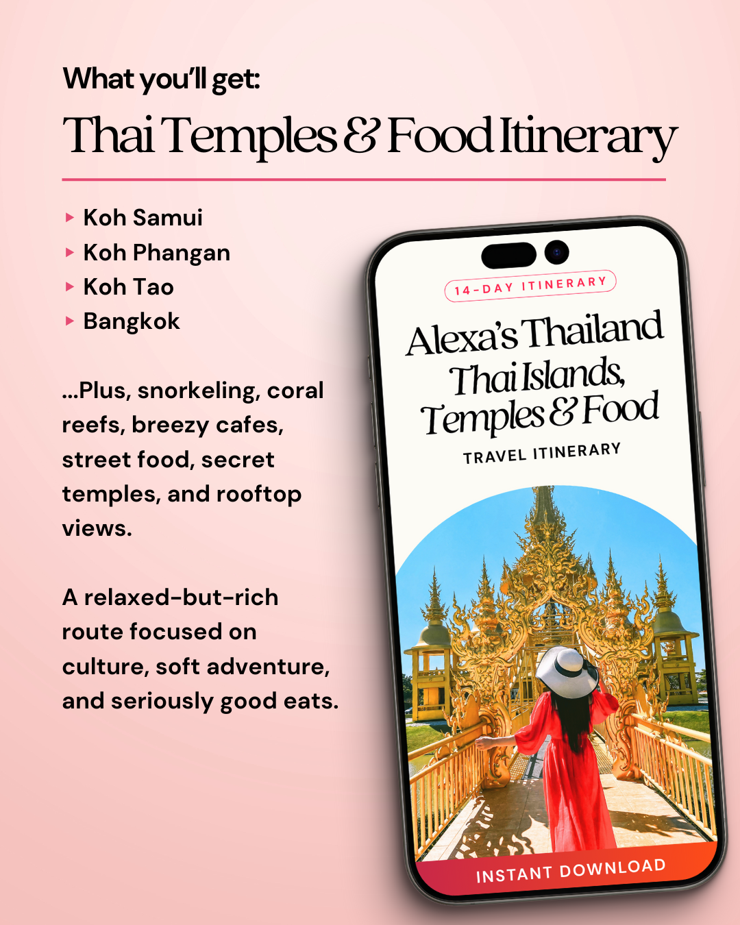 Phone displaying a Thailand travel itinerary with temples and a woman in a red dress on a pink background.