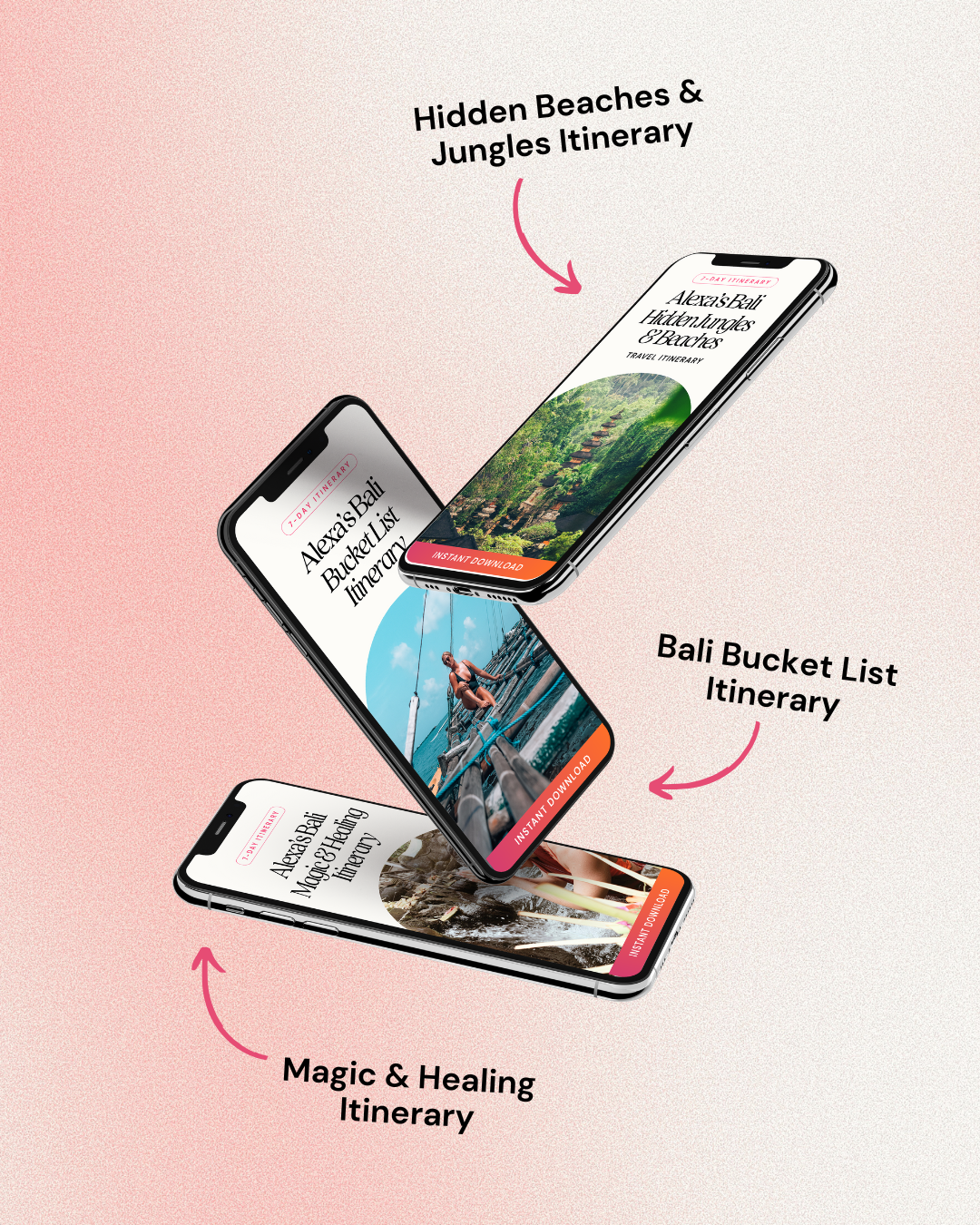 Three smartphones displaying different Bali itineraries on a pink gradient background.