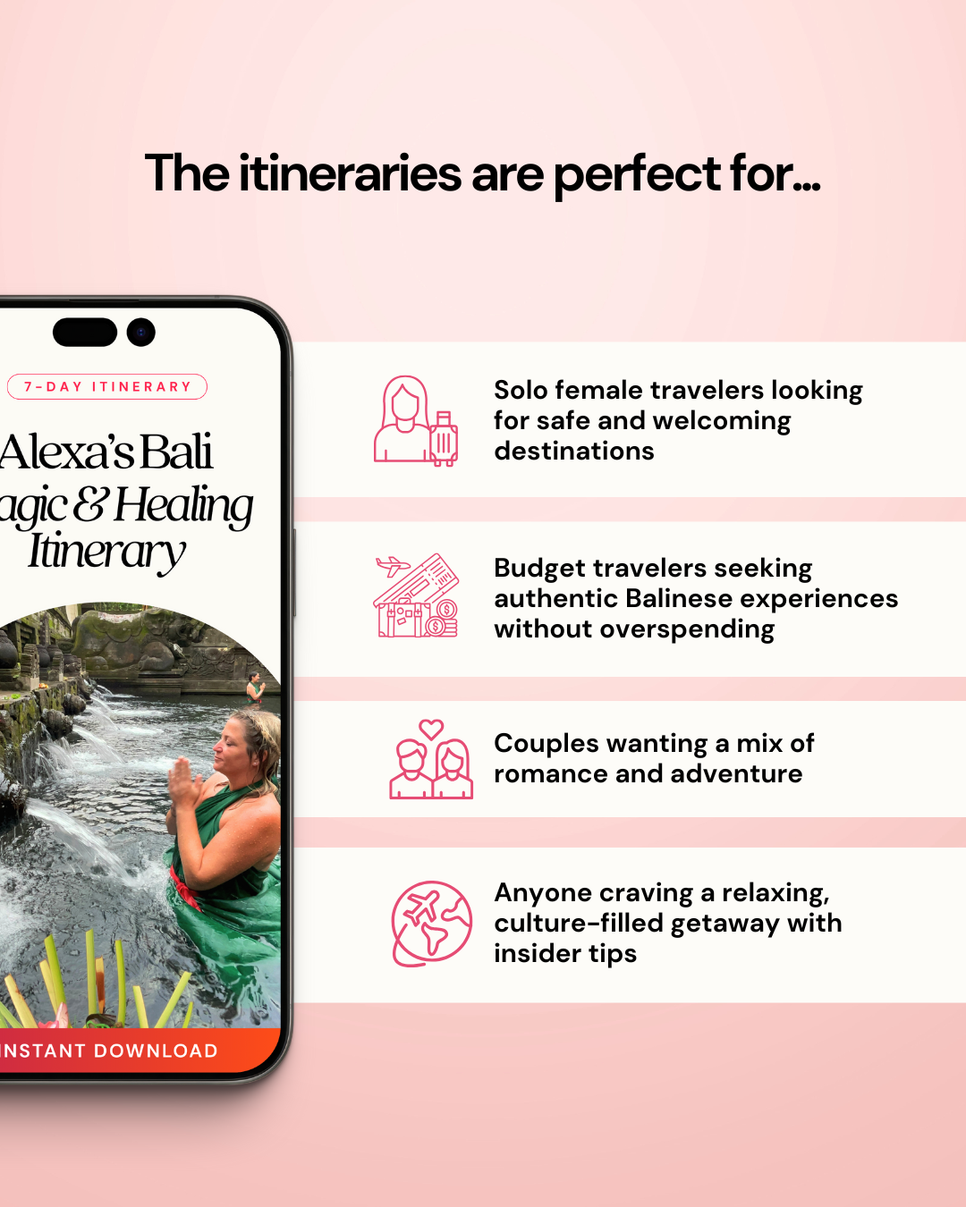 Phone displaying a Bali itinerary with text about travel types on a pink background