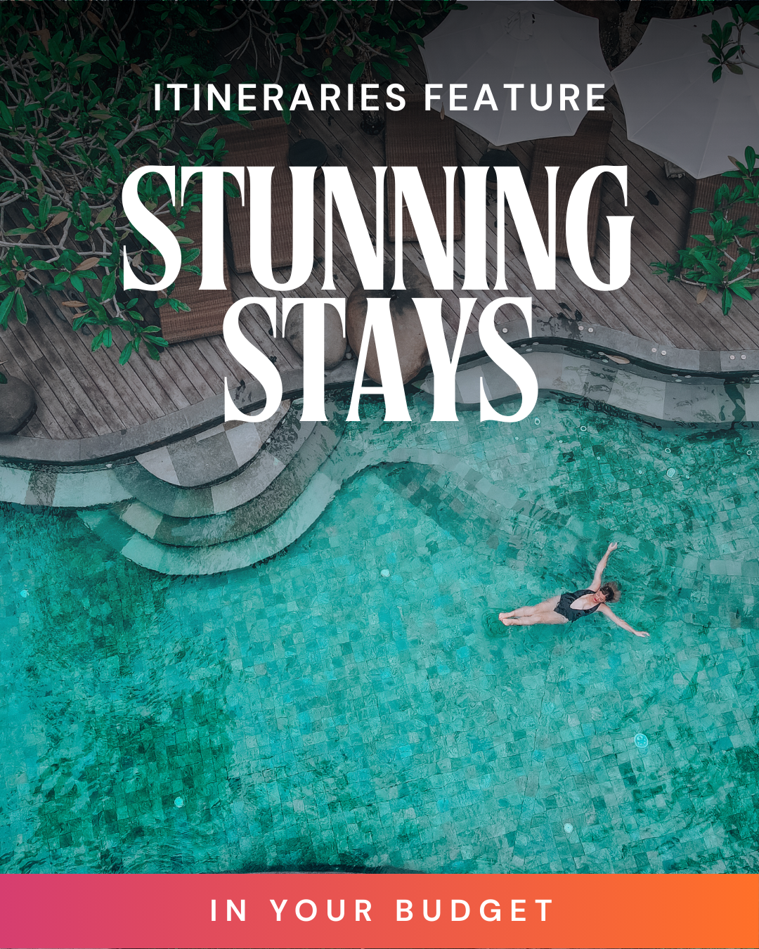 Person lounging by a pool with text overlay about itineraries and stays.