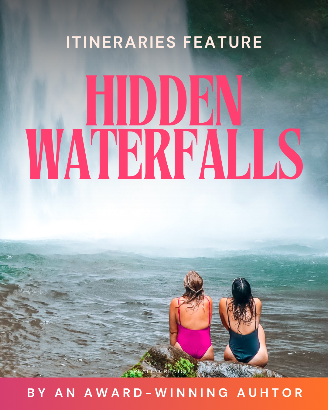 Two people sitting by a waterfall with text overlay about hidden waterfalls itineraries.