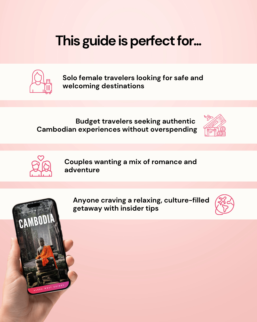 Phone displaying a Cambodia travel guide with text about target audiences on a pink background
