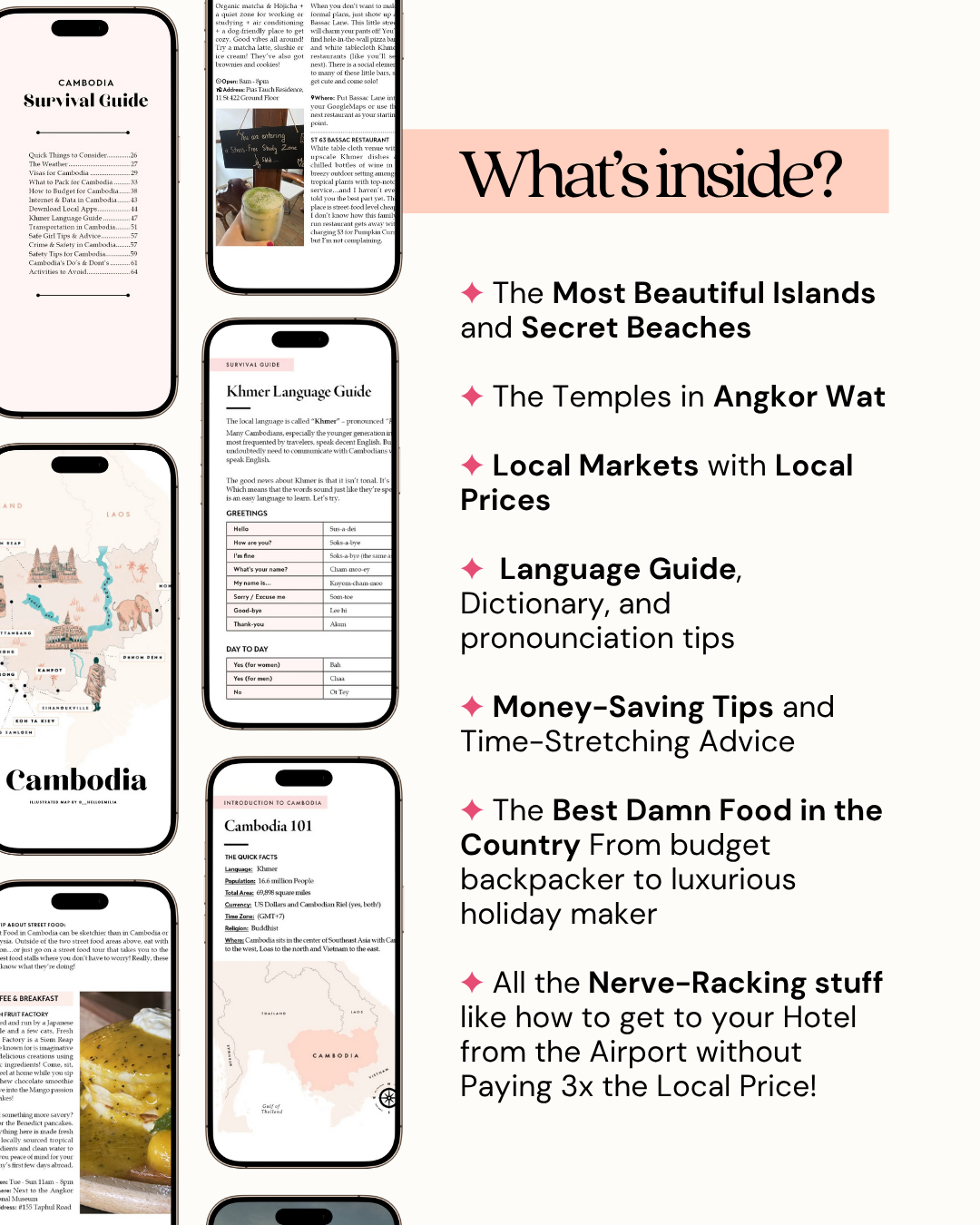 Collage of smartphone screens with travel guide content and text overlay about the guide's contents.