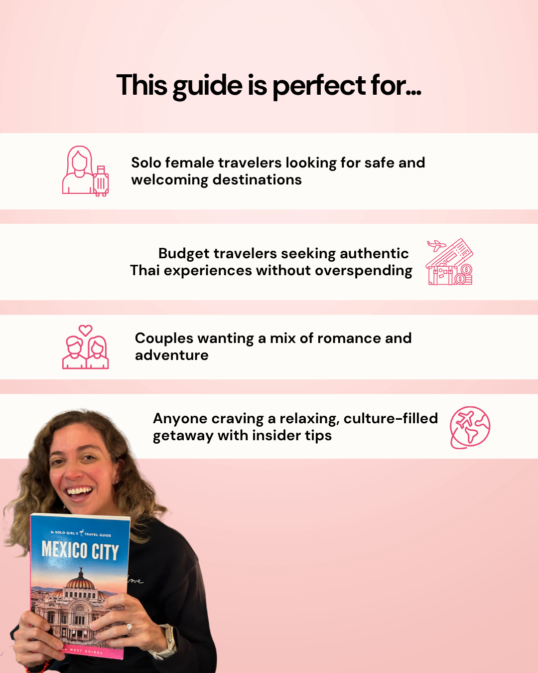 Person holding a travel guide with text about target audiences on a pink background