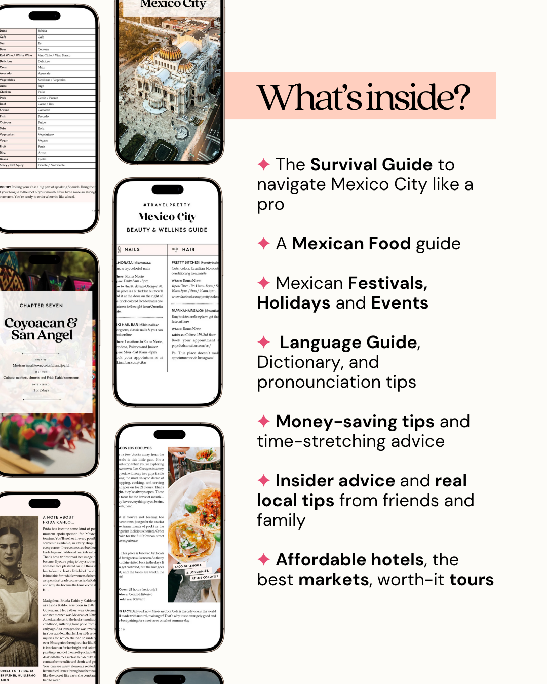 Survival guide to navigate Mexico City with text and images of city scenes.