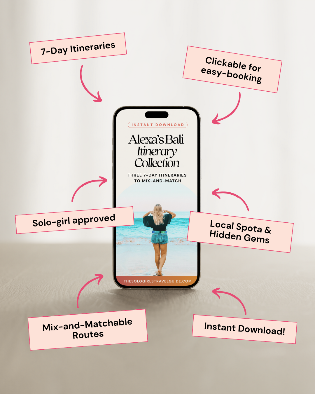 Phone displaying a Bali itinerary app with promotional text on a light gray background