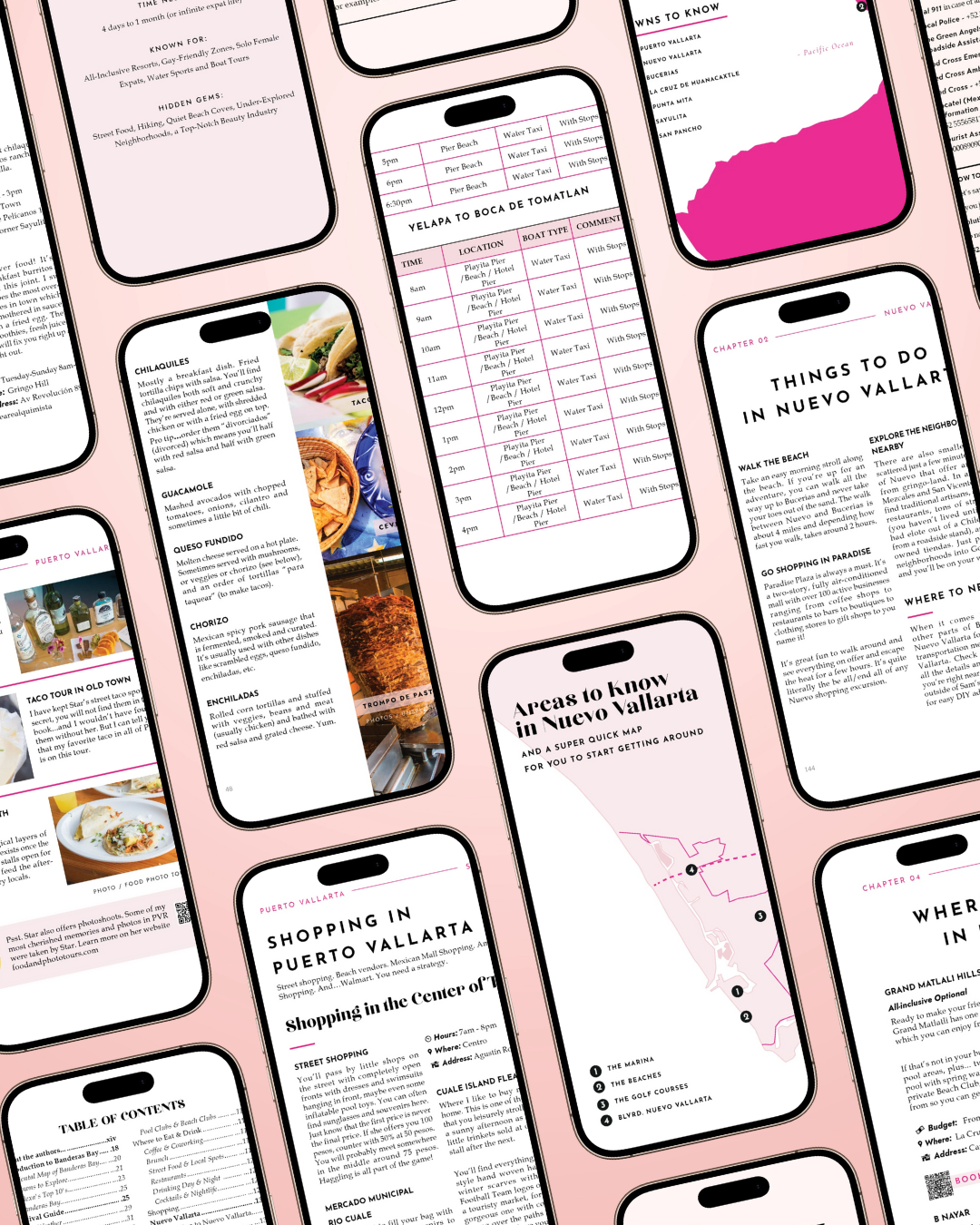 Pattern of smartphone screens displaying various articles and information on a pink background