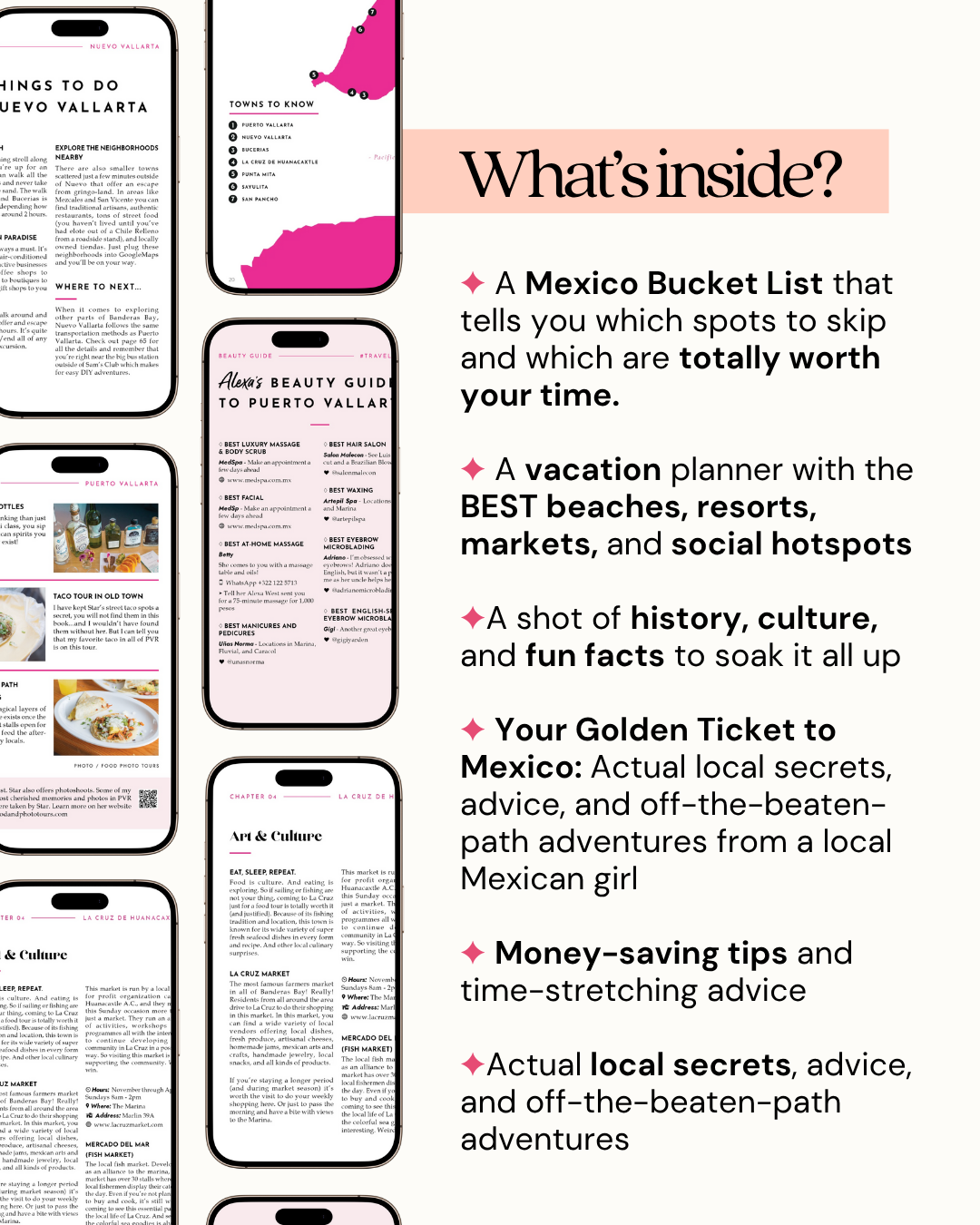 Promotional text for a Mexico travel guide with smartphone screens showing different sections.