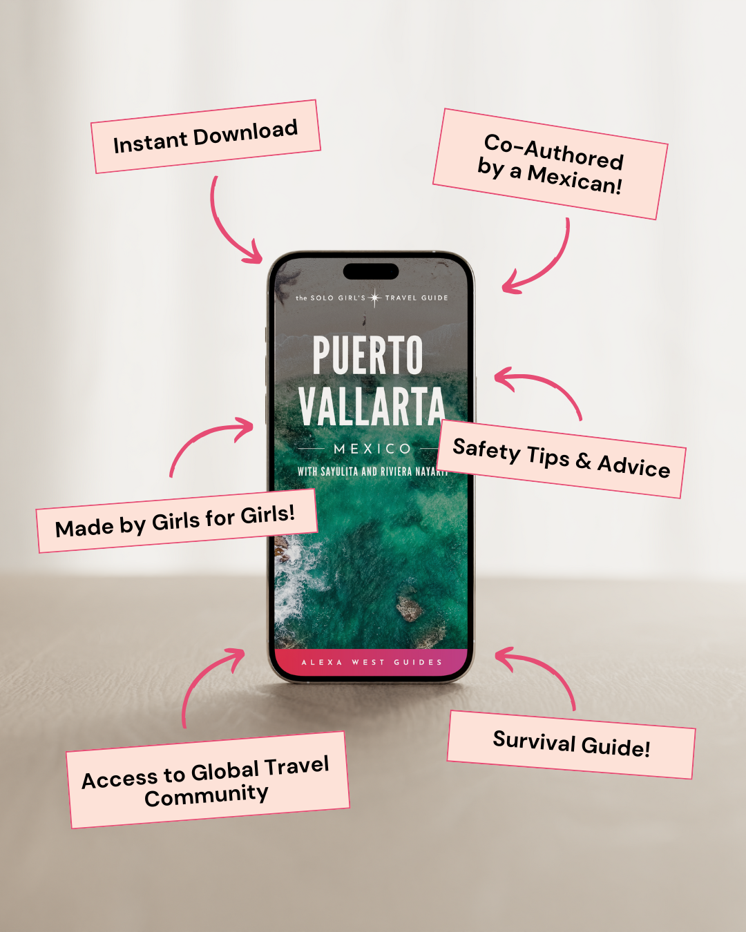 Phone displaying a travel guide app with promotional text on a light gray background