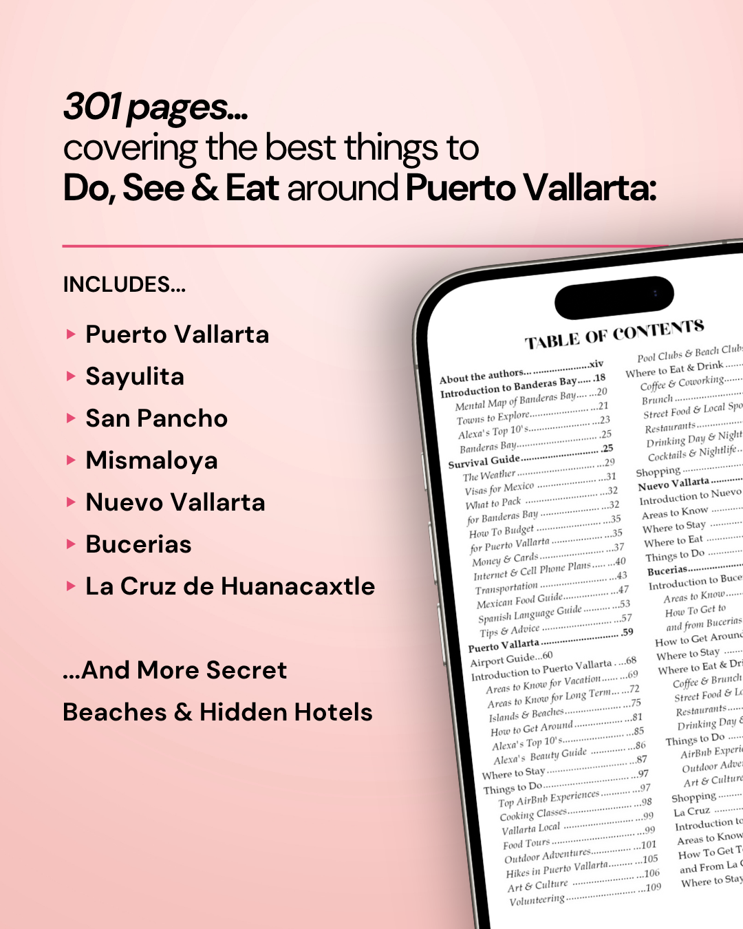 Phone displaying a table of contents for a travel guide on Puerto Vallarta with a pink background.
