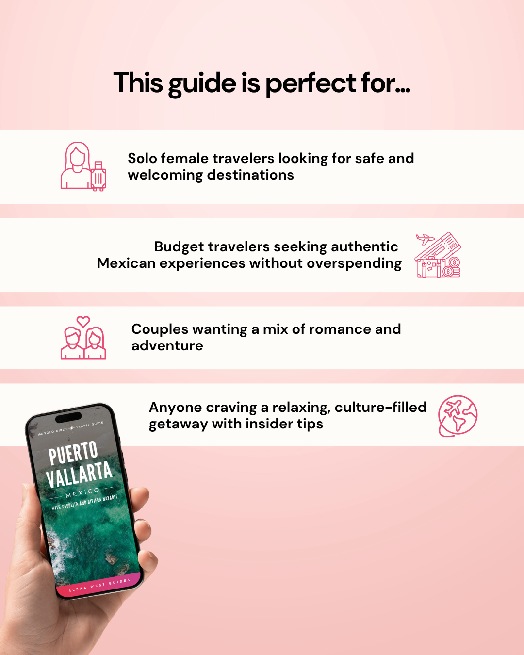 Phone displaying a travel guide app with text about target audiences on a pink background