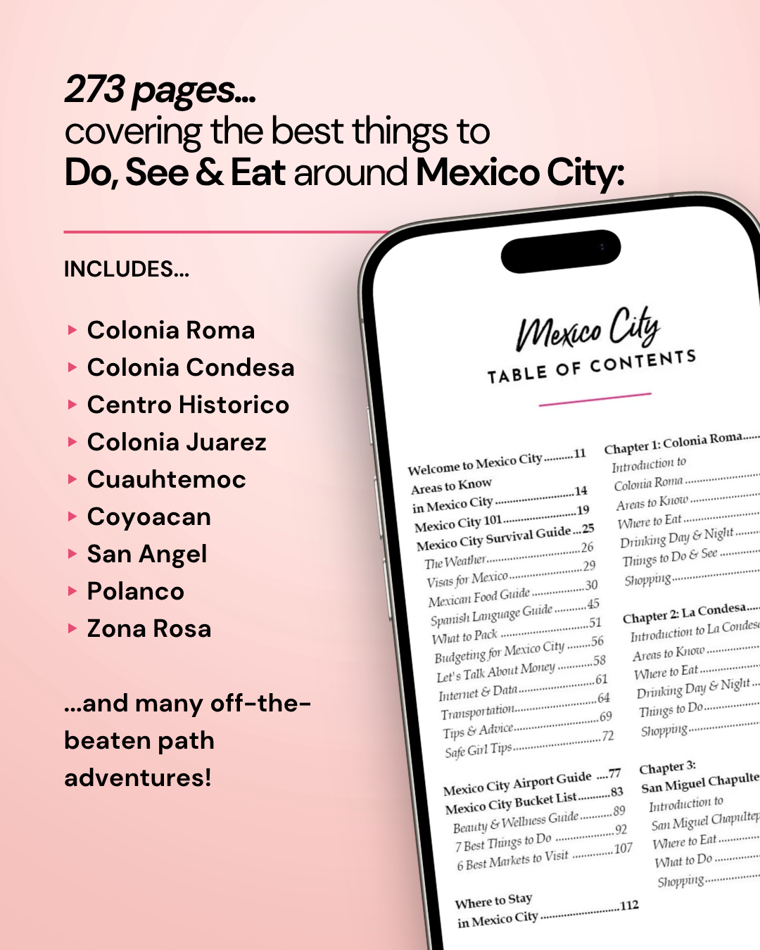 Phone displaying a table of contents for Mexico City travel guide with pink background