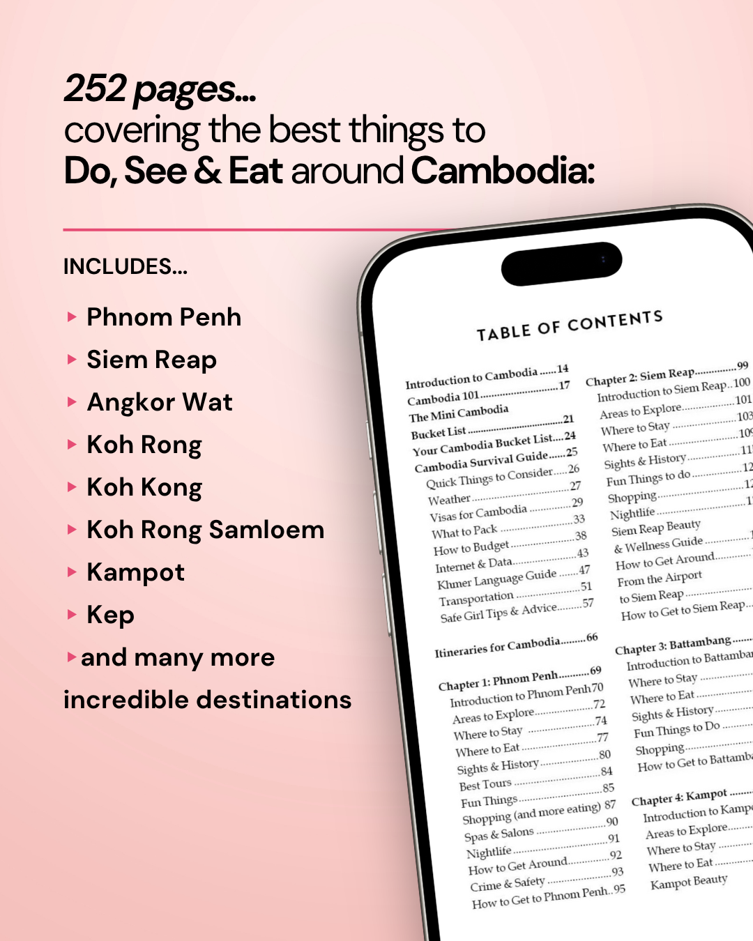 Phone displaying a travel guide with destinations listed on a pink background