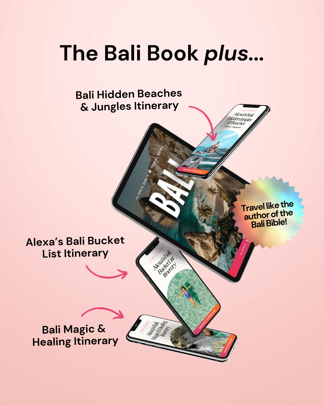 Promotional graphic for 'The Bali Book plus' with travel itineraries on tablets and smartphones.