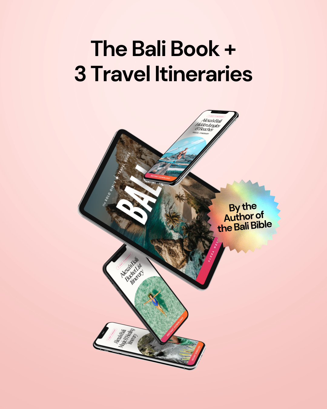 Promotional graphic for 'The Bali Book + 3 Travel Itineraries' with digital devices on a pink background.
