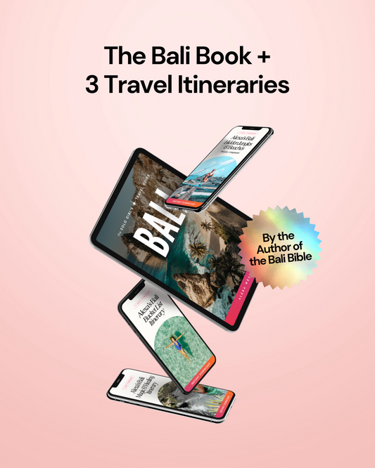 Promotional graphic for 'The Bali Book + 3 Travel Itineraries' with digital devices on a pink background.