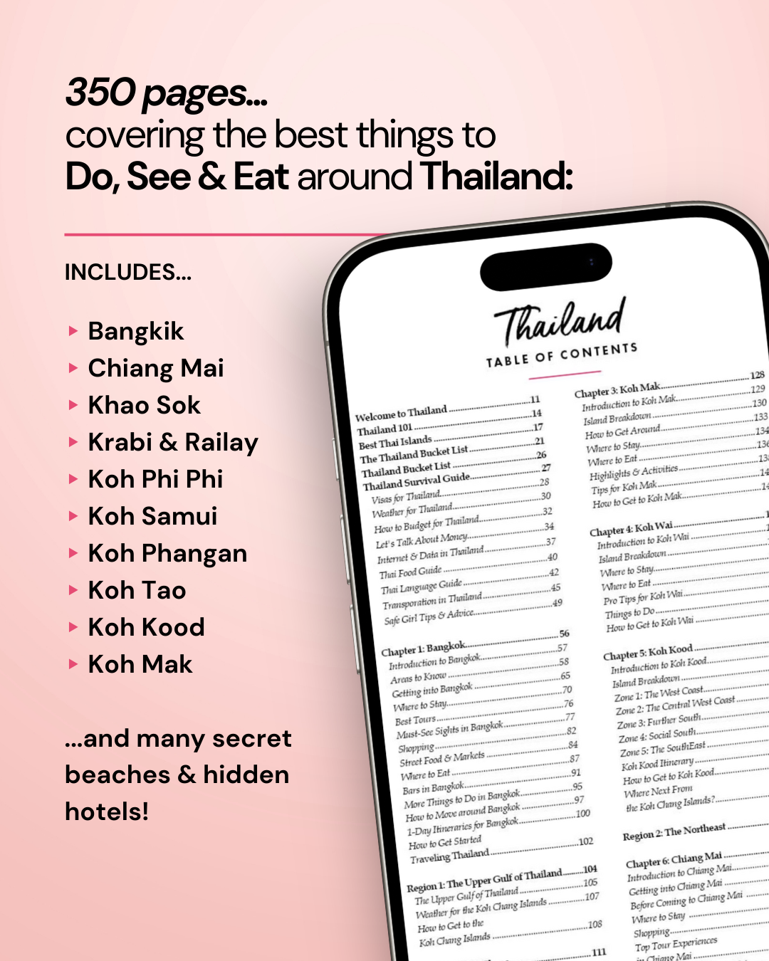 Phone displaying a Thailand travel guide with a pink background