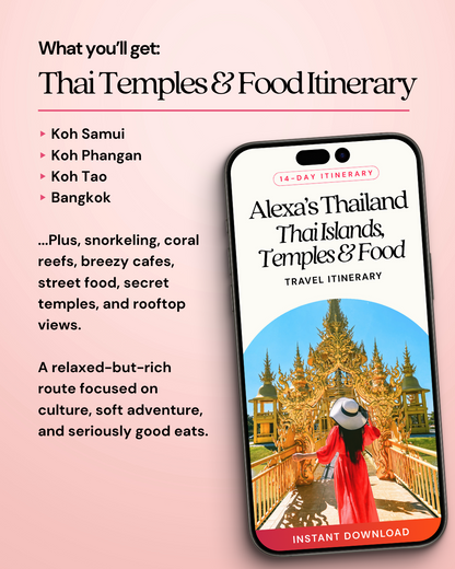 Phone displaying a Thailand travel itinerary with temples and a woman in a red dress on a pink background.