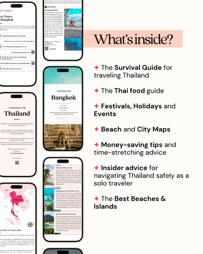 Promotional graphic for a travel guide app with smartphone screens showing app features.