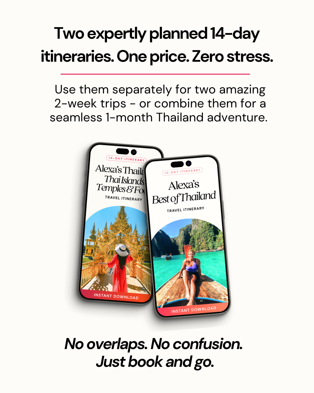 Two smartphones displaying travel itinerary apps with promotional text about expertly planned itineraries.