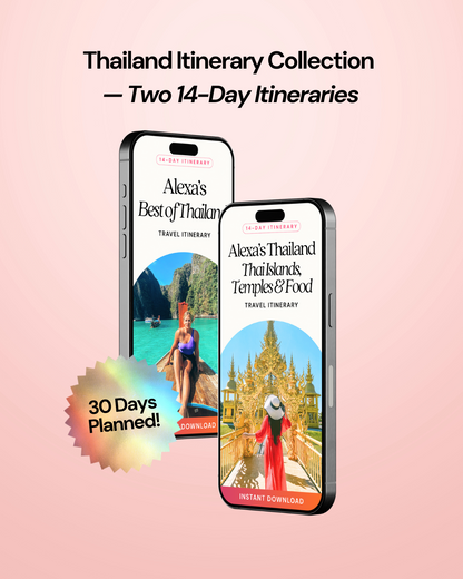 Two smartphone screens displaying Thailand travel itineraries with a pink background.