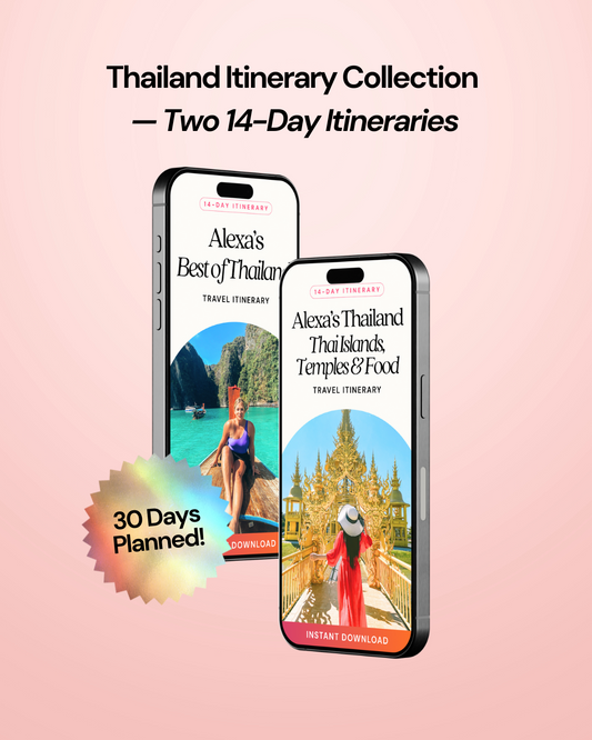 Two smartphone screens displaying Thailand travel itineraries with a pink background.