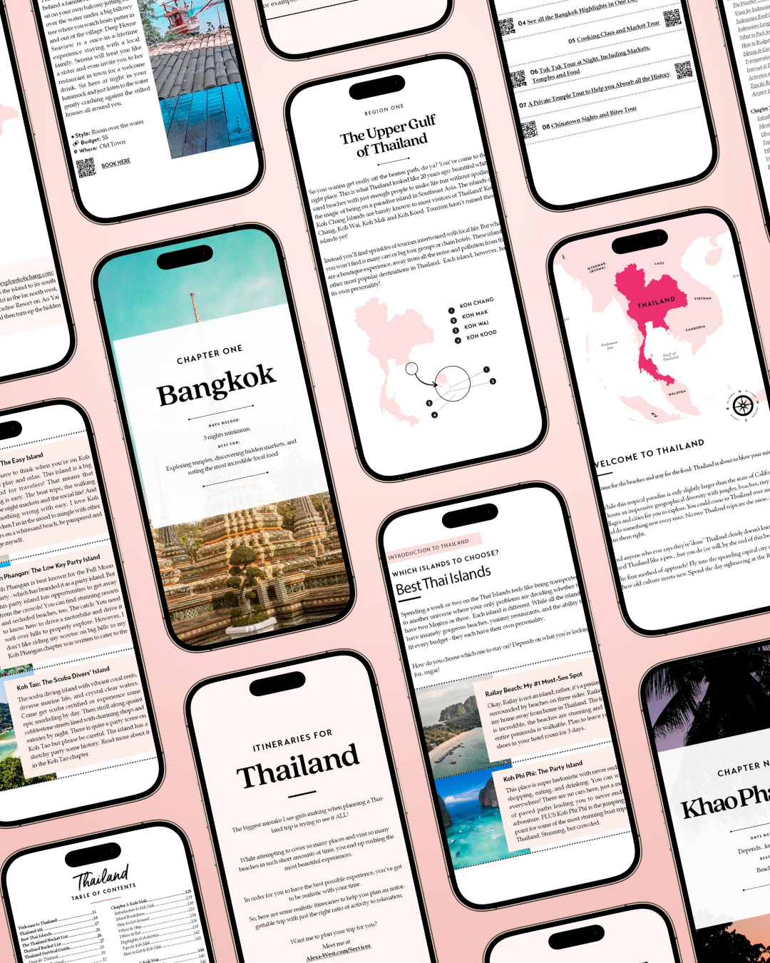 Collage of smartphone screens displaying travel content about Thailand on a pink background.
