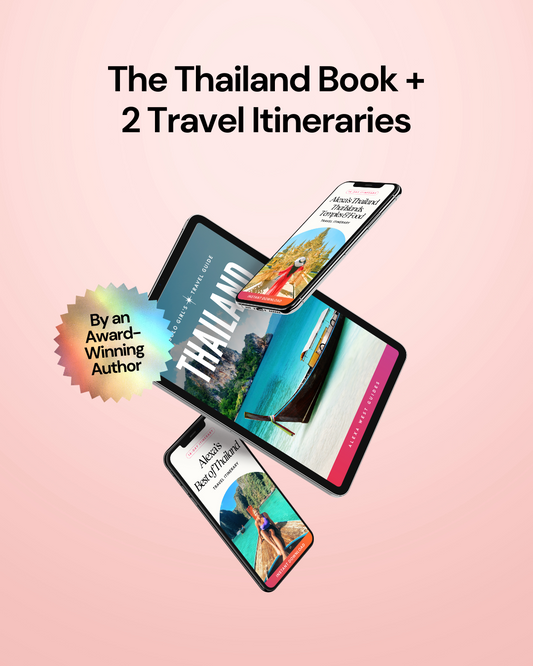 Promotional graphic for 'The Thailand Book + 2 Travel Itineraries' with smartphone screens showing travel content on a pink background.