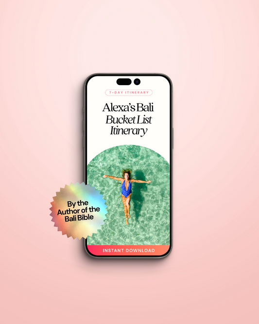 Phone displaying 'Alexa's Bali Bucket List Itinerary' on a pink background
