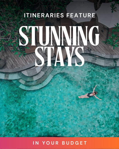 Person lounging by a pool with text overlay about itineraries and stays.