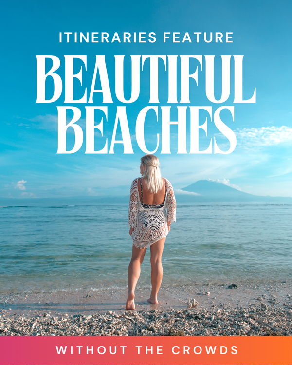 Woman standing on a beach with text about itineraries for beautiful beaches without crowds in bali