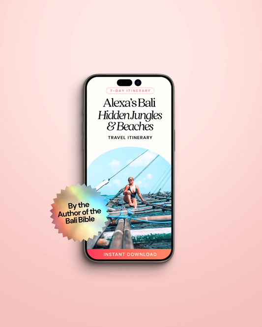A smartphone displaying the cover of 'Alexa's Bali Hidden Journeys & Beaches' travel itinerary, indicating it's an itineraries app or e-book.