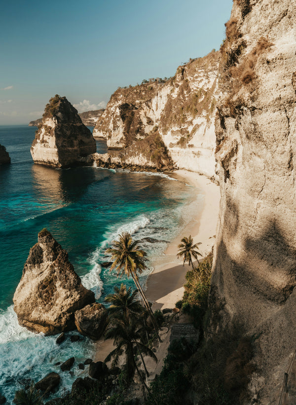  tropical beach with cliffs and palm trees in nusa penida, bali