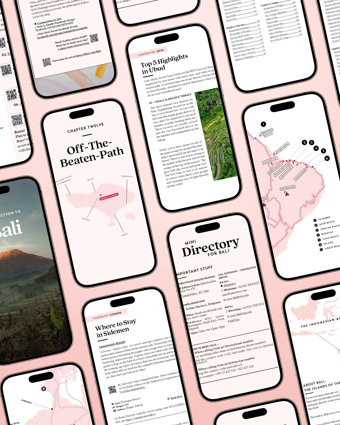 A collection of smartphones displaying pages of a digital travel guidebook about Bali.