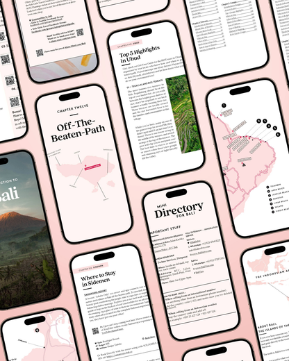 A collection of smartphones displaying pages of a digital travel guidebook about Bali.