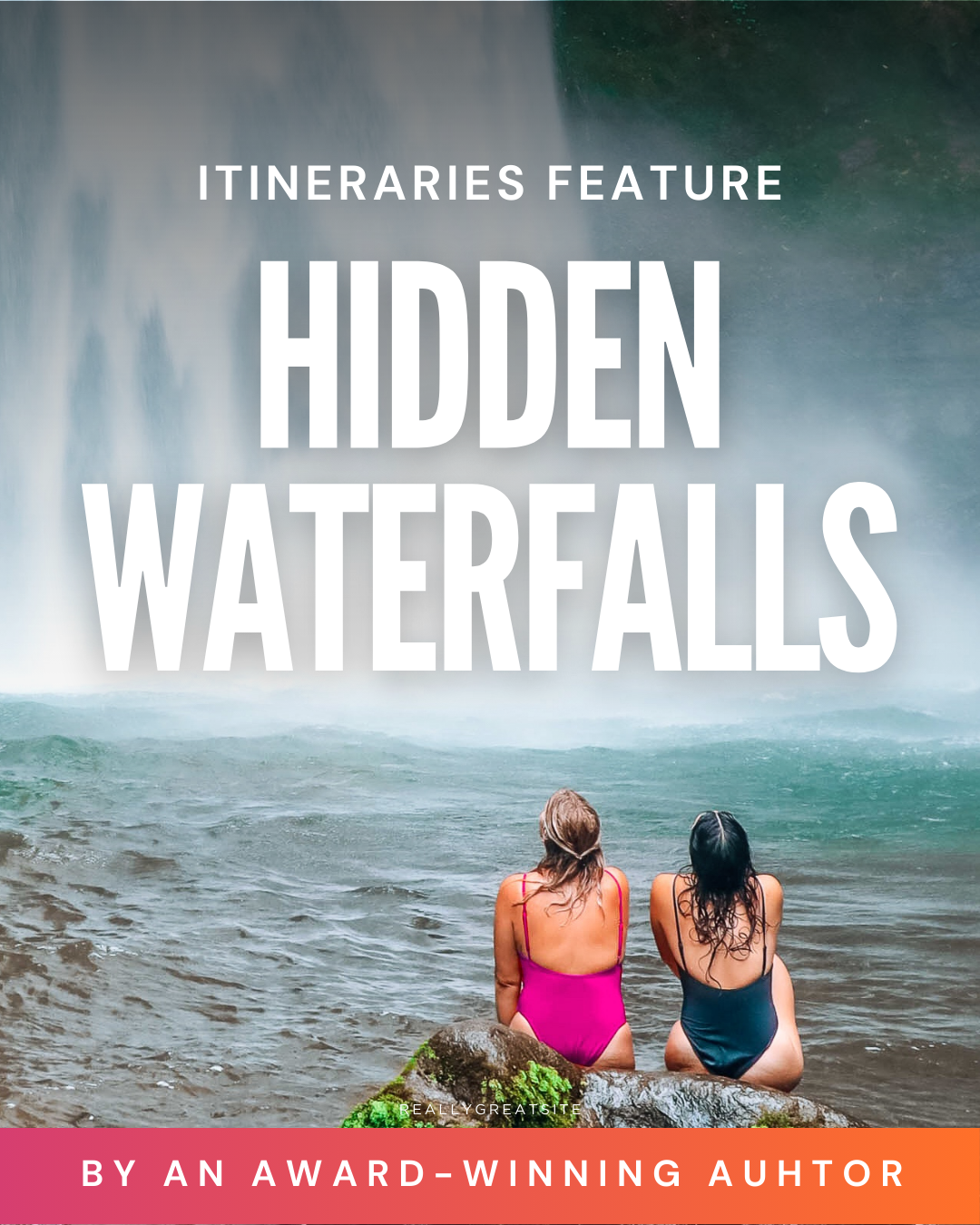 Two people sitting by a waterfall with text overlay about itineraries featuring hidden waterfalls.