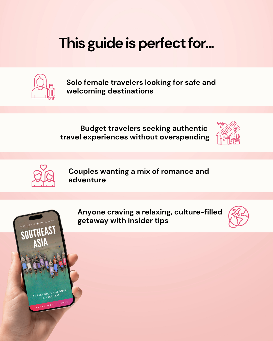 Phone displaying a travel guide app with text about target audiences on a pink background