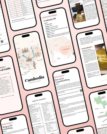 Pattern of smartphone screens displaying travel guides and information on Cambodia.