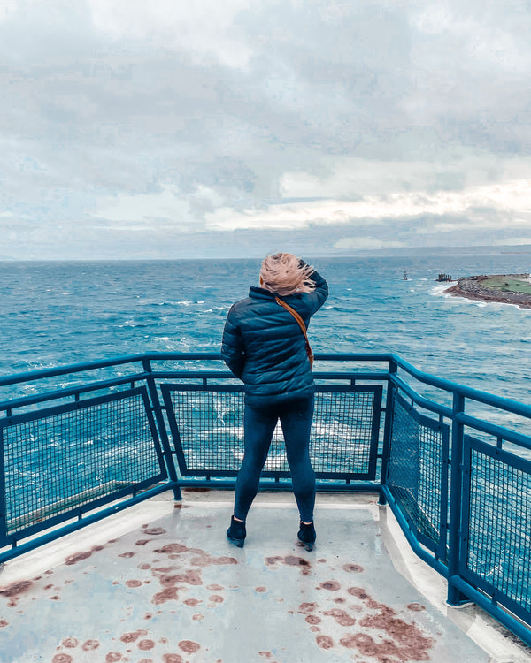 Person taking a photo of the ocean from a elevated platform on a cloudy day.