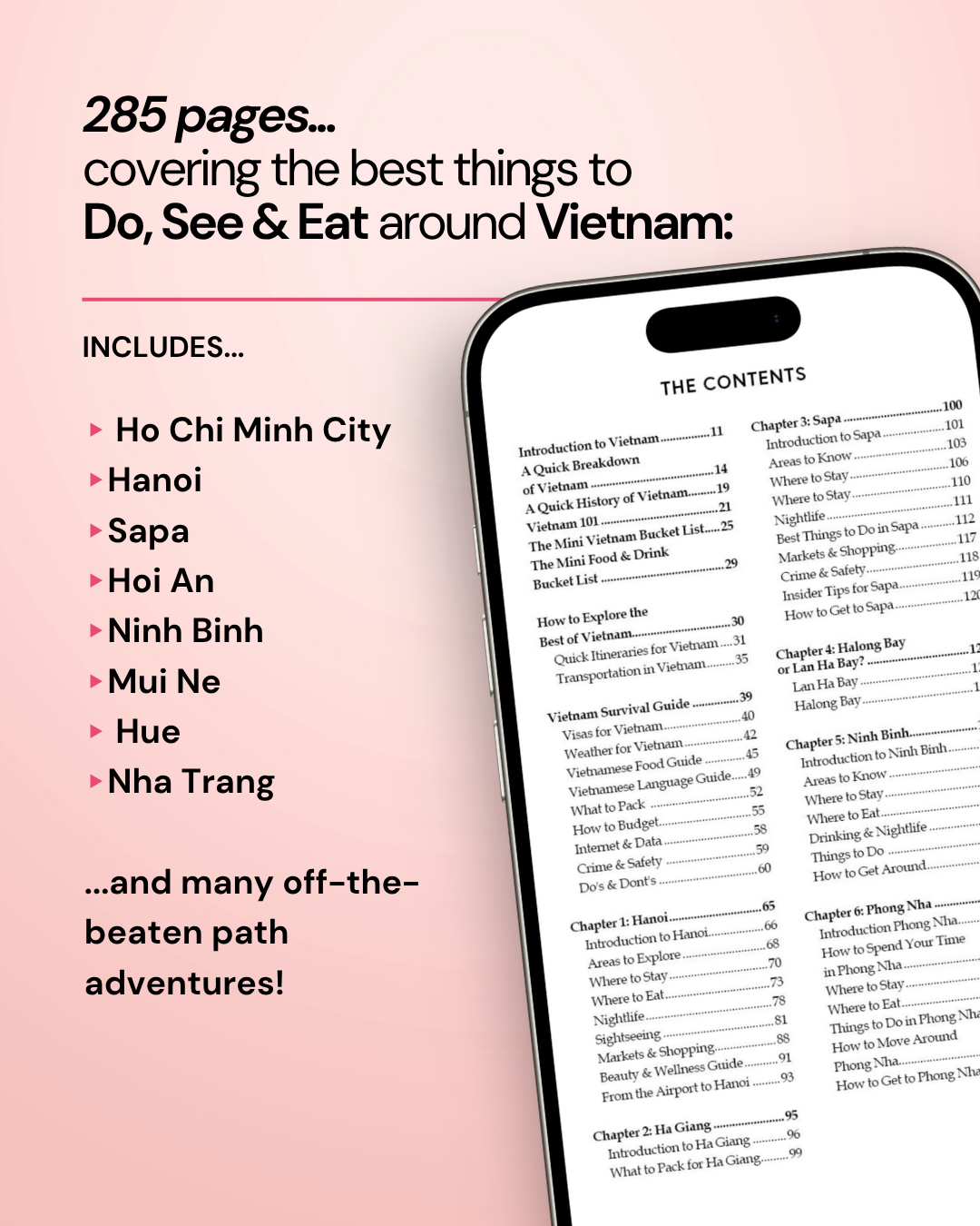 Phone displaying a travel guide with destinations listed on a pink background