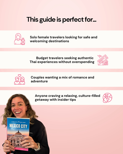 Person holding a travel guide with text about target audiences on a pink background