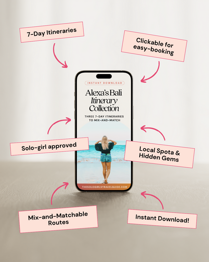 Phone displaying a Bali itinerary app with promotional text on a light gray background
