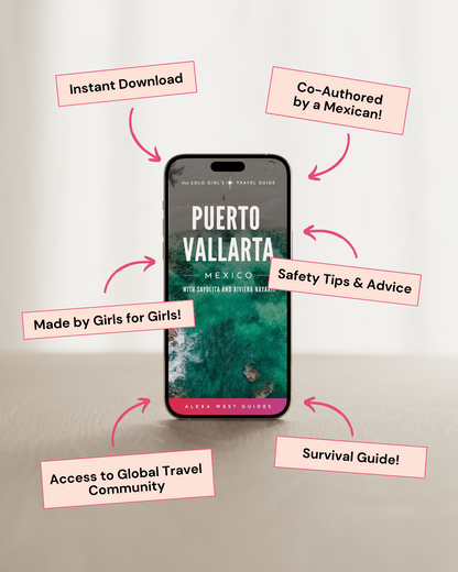 Phone displaying a travel guide app with promotional text on a light gray background