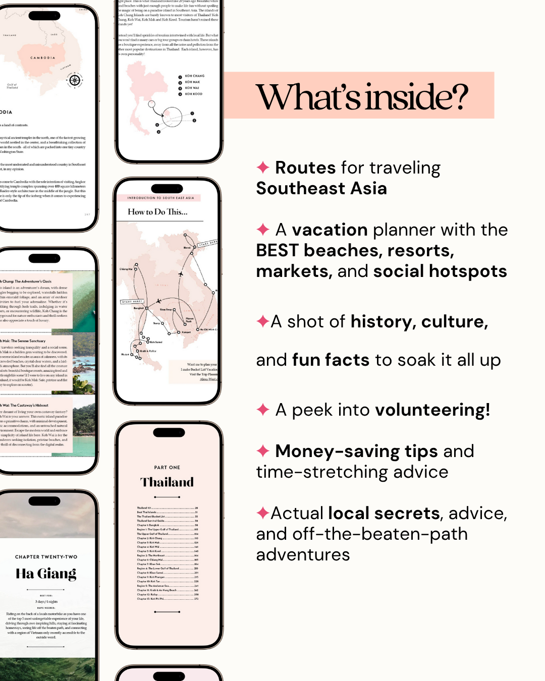 Promotional graphic for a travel guidebook with text about Southeast Asia routes, vacation planning, history, culture, and volunteering.