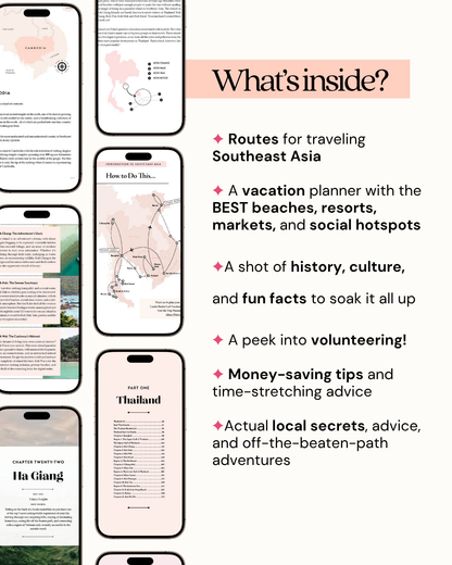 Promotional graphic for a travel guidebook with text about Southeast Asia routes, vacation planning, history, culture, and volunteering.