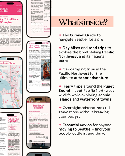 Promotional graphic for a travel guide to Seattle and the Pacific Northwest, featuring text and smartphone images.