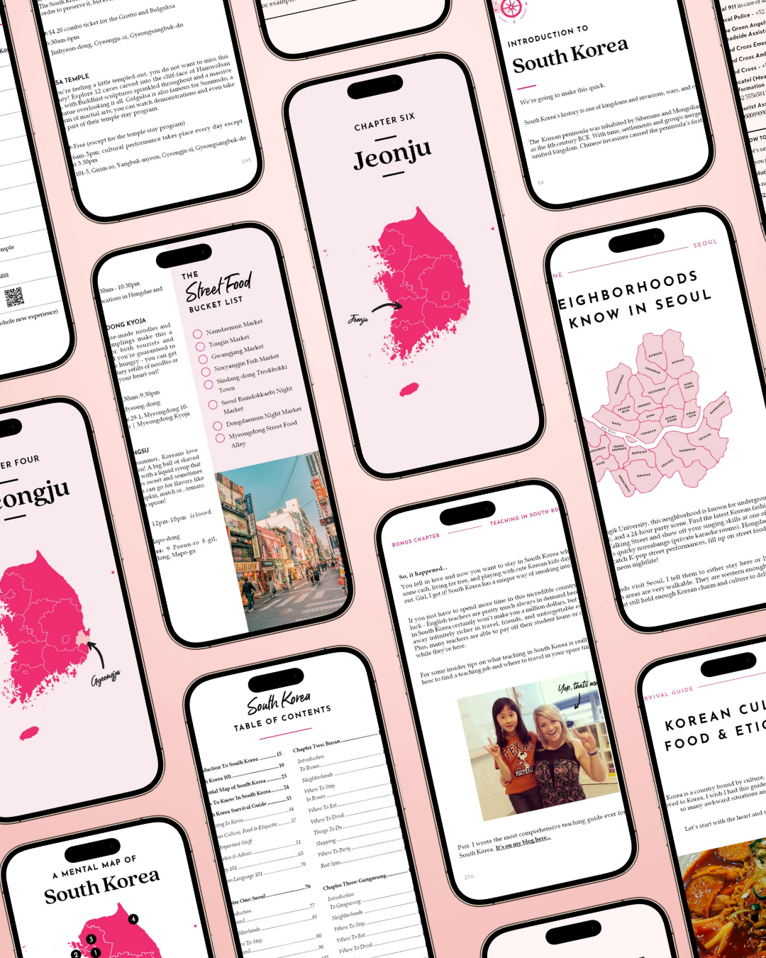 Pattern of smartphone screens displaying information about South Korea on a pink background