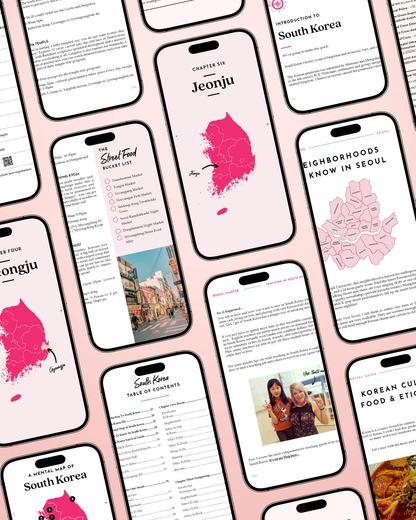 Pattern of smartphone screens displaying information about South Korea on a pink background