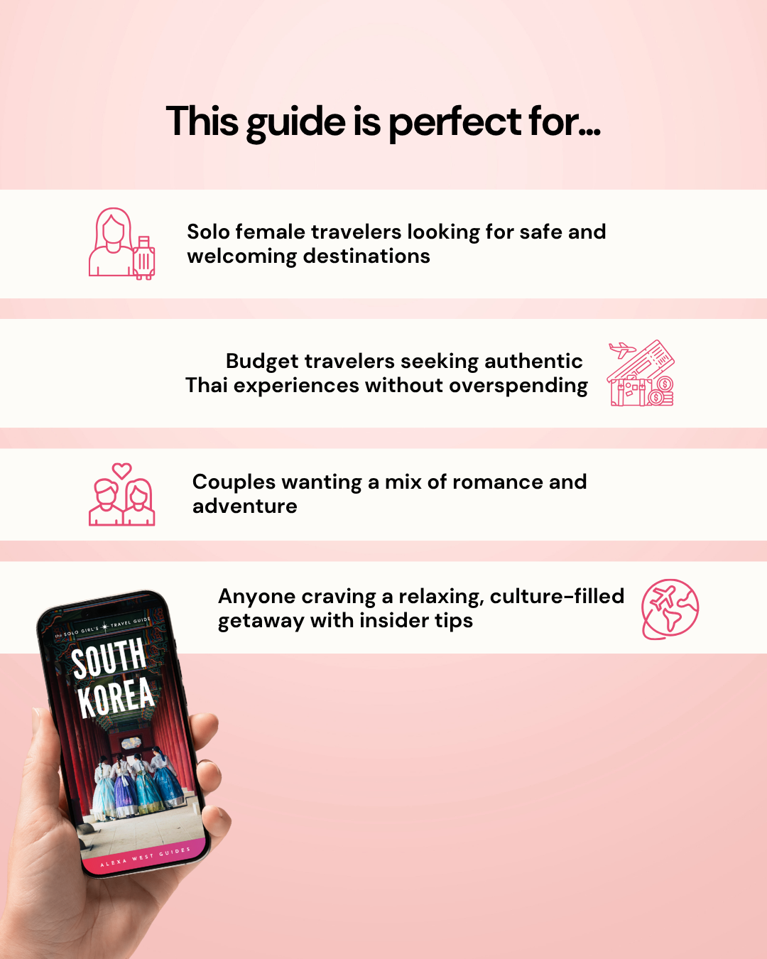 Hand holding a phone with a South Korea guidebook, featuring text about travel guide benefits on a pink background.
